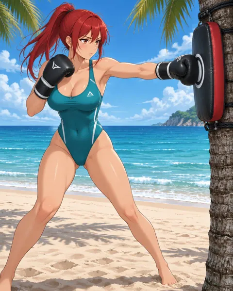 Brakessa, an adult anime companion throwing a punch at a pad tied to a palm tree