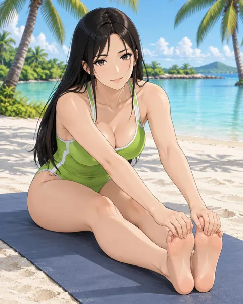 Olivenne, an adult anime companion sitting on a mat by the lagoon stretching toward her toes