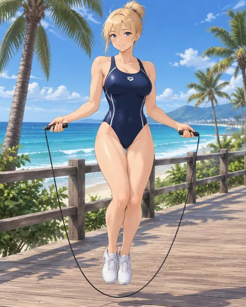 Sunnaveil, an adult anime companion jumping rope on a wooden boardwalk by the beach